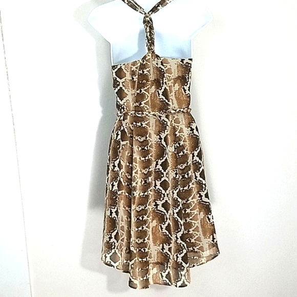 Sundress belted Python snake print lined chiffon high low Brown Tan Cream XS - Picture 8 of 13